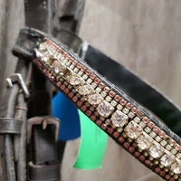 Monocrown Dressage Bridle, Crank, Bling, Braided Reins *gc, clean, rubs, faded, dirt & residue, Browband: mismatched, peeling & missing bling
