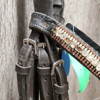 Monocrown Dressage Bridle, Crank, Bling, Braided Reins *gc, clean, rubs, faded, dirt & residue, Browband: mismatched, peeling & missing bling
