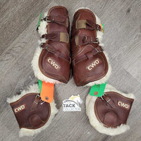 Open Front & Hind Leather Boots, Sheepskin Velcro Liners, buckles *vgc, clean, mnr stains, rubs, scrapes, clumpy & film
