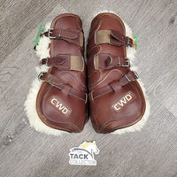 Open Front & Hind Leather Boots, Sheepskin Velcro Liners, buckles *vgc, clean, mnr stains, rubs, scrapes, clumpy & film