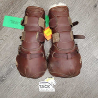 Open Front & Hind Leather Boots, Sheepskin Velcro Liners, buckles *vgc, clean, mnr stains, rubs, scrapes, clumpy & film
