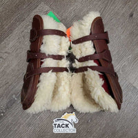 Open Front & Hind Leather Boots, Sheepskin Velcro Liners, buckles *vgc, clean, mnr stains, rubs, scrapes, clumpy & film
