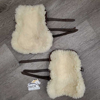 Open Front & Hind Leather Boots, Sheepskin Velcro Liners, buckles *vgc, clean, mnr stains, rubs, scrapes, clumpy & film
