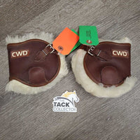 Open Front & Hind Leather Boots, Sheepskin Velcro Liners, buckles *vgc, clean, mnr stains, rubs, scrapes, clumpy & film
