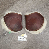 Open Front & Hind Leather Boots, Sheepskin Velcro Liners, buckles *vgc, clean, mnr stains, rubs, scrapes, clumpy & film
