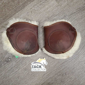 Open Front & Hind Leather Boots, Sheepskin Velcro Liners, buckles *vgc, clean, mnr stains, rubs, scrapes, clumpy & film