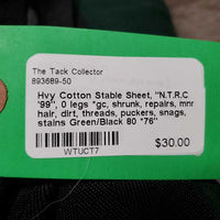 Hvy Cotton Stable Sheet, "N.T.R.C '99", 0 legs *gc, shrunk, repairs, mnr hair, dirt, threads, puckers, snags, stains
