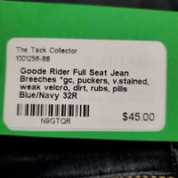 Full Seat Jean Breeches *gc, puckers, v.stained, weak velcro, dirt, rubs, pills
