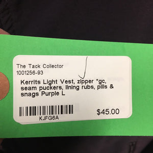 Light Vest, zipper *gc, seam puckers, lining rubs, pills & snags