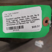 Padded Leather Girth, 2x els, 3x D Ring *vgc/gc, clean, rubs, faded, scratches, dry, deep/hard creases, stretched els
