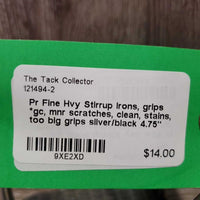 Pr Fine Hvy Stirrup Irons, grips *gc, mnr scratches, clean, stains, too big grips
