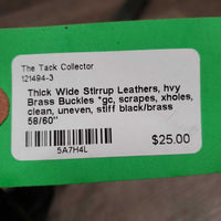 Thick Wide Stirrup Leathers, hvy Brass Buckles *gc, scrapes, xholes, clean, uneven, stiff
