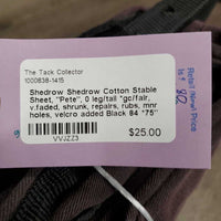 Shedrow Cotton Stable Sheet, "Pete", 0 leg/tail *gc/fair, v.faded, shrunk, repairs, rubs, mnr holes, velcro added

