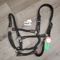 Soft Round Rope Halter, Neoprene Padded Crown, adj, snap xc/vgc, mnr dirt & hair