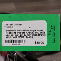 Soft Round Rope Halter, Neoprene Padded Crown, adj, snap xc/vgc, mnr dirt & hair
