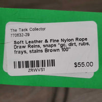 Soft Leather & Fine Nylon Rope Draw Reins, snaps *gc, dirt, rubs, frays, stains
