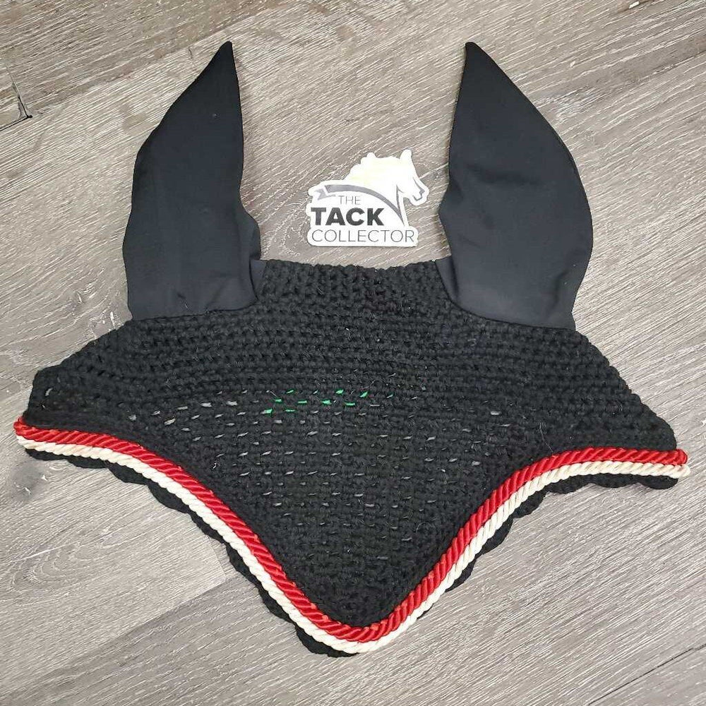 Crochet Fly Veil Ear Bonnet, 2x piping *gc, clean, curled, stains, mnr rubs, frays & hair, inside: stains, faded & dirt