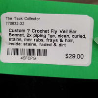 Crochet Fly Veil Ear Bonnet, 2x piping *gc, clean, curled, stains, mnr rubs, frays & hair, inside: stains, faded & dirt