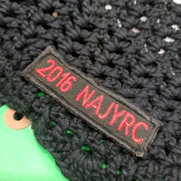 Crochet Fly Veil Ear Bonnet "2016 NAJYRC" *vgc, clean, mnr rubs, frays & hair, inside: stains, faded & dirt
