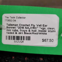 Crochet Fly Veil Ear Bonnet "2016 NAJYRC" *vgc, clean, mnr rubs, frays & hair, inside: stains, faded & dirt