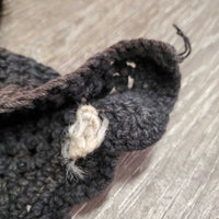 Crochet Fly Veil Ear Bonnet, Piping *gc/fair, faded, discolored, curled, rubs, frays
