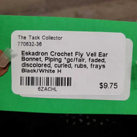 Crochet Fly Veil Ear Bonnet, Piping *gc/fair, faded, discolored, curled, rubs, frays
