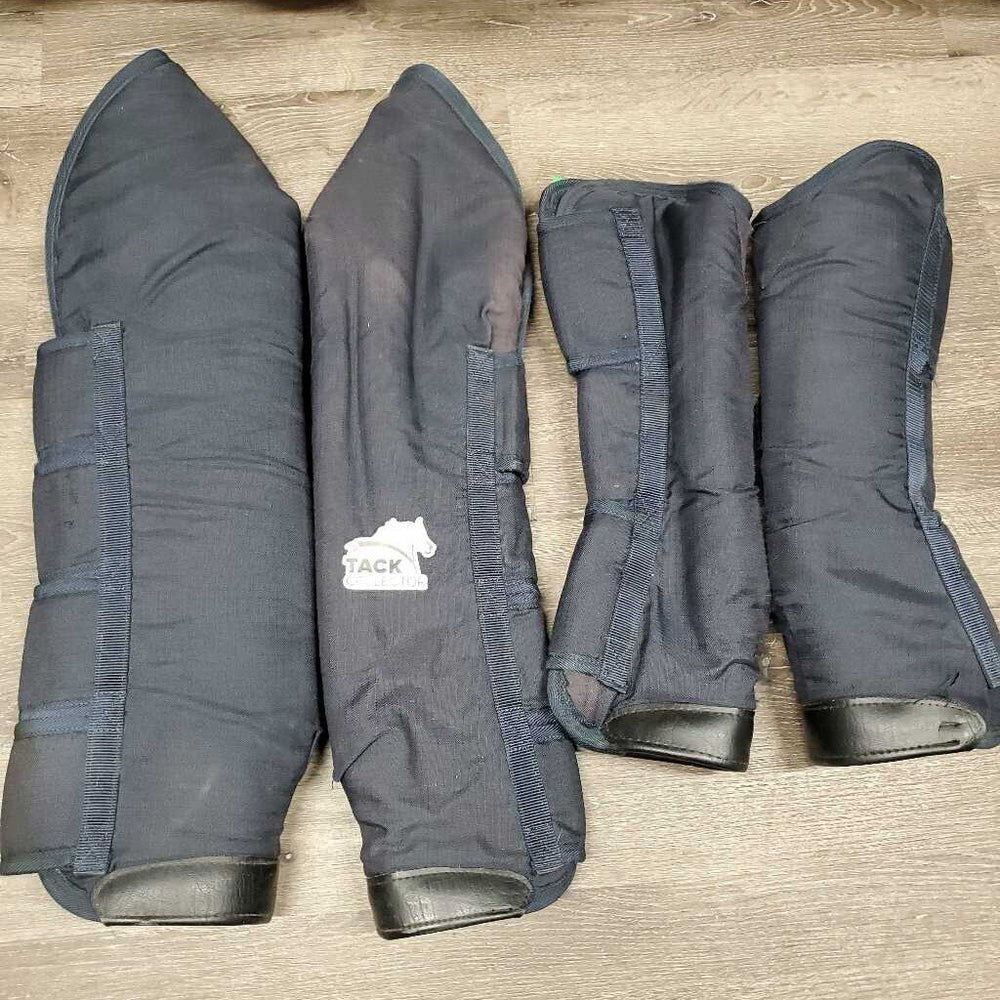 Tall Front & Hind Shipping Boots *gc, clean & dirt/residue, grassy velcro, faded, edge rubs & frays, older, mnr undone seam stitching