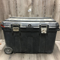Rolling Plastic Tack Trunk *fair, cracked, dirty, tape, BROKEN/MISSING: wheel & clasp