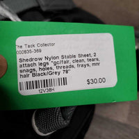 Nylon Stable Sheet, 2 attach legs *gc/fair, clean, tears, snags, holes, threads, frays, mnr hair
