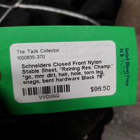Closed Front Nylon Stable Sheet, "Reining Res. Champ." *gc, mnr dirt, hair, hole, torn leg, snags, bent hardware
