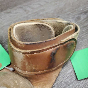 Pr Leather Skid Boots, velcro *gc, clean, stains, v.rubbed, scrapes, inside sand piles, torn edge