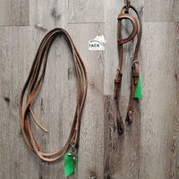 One Ear Tooled Headstall, Split Reins, All Rivets, Snaps *gc, clean, rubs, faded/discolored spots, film, scrapes, repaired, rust, stains
