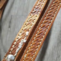 One Ear Tooled Headstall, Split Reins, All Rivets, Snaps *gc, clean, rubs, faded/discolored spots, film, scrapes, repaired, rust, stains
