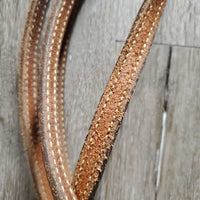 One Ear Tooled Headstall, Split Reins, All Rivets, Snaps *gc, clean, rubs, faded/discolored spots, film, scrapes, repaired, rust, stains

