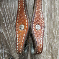 One Ear Tooled Headstall, Split Reins, All Rivets, Snaps *gc, clean, rubs, faded/discolored spots, film, scrapes, repaired, rust, stains
