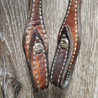 One Ear Tooled Headstall, Split Reins, All Rivets, Snaps *gc, clean, rubs, faded/discolored spots, film, scrapes, repaired, rust, stains
