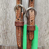 One Ear Tooled Headstall, Split Reins, All Rivets, Snaps *gc, clean, rubs, faded/discolored spots, film, scrapes, repaired, rust, stains
