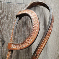 One Ear Tooled Headstall, Split Reins, All Rivets, Snaps *gc, clean, rubs, faded/discolored spots, film, scrapes, repaired, rust, stains
