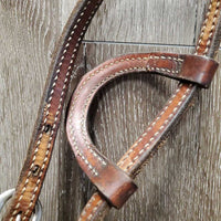 One Ear Tooled Headstall, Split Reins, All Rivets, Snaps *gc, clean, rubs, faded/discolored spots, film, scrapes, repaired, rust, stains
