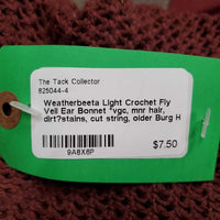 Light Crochet Fly Veil Ear Bonnet *vgc, mnr hair, dirt?stains, cut string, older
