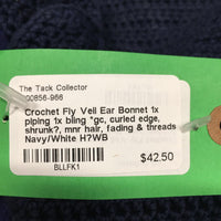 Crochet Fly Veil Ear Bonnet 1x piping 1x bling *gc, curled edge, shrunk?, mnr hair, fading & threads
