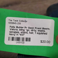 Pr Open Front Boots, Velcro, bling *gc, dirty, stains, scrapes, stains, hair, 1 squished
