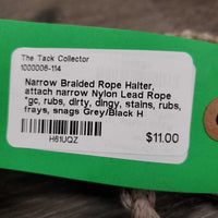 Narrow Braided Rope Halter, attach narrow Nylon Lead Rope *gc, rubs, dirty, dingy, stains, rubs, frays, snags
