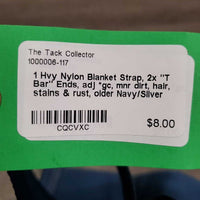 1 Hvy Nylon Blanket Strap, 2x "T Bar" Ends, adj *gc, mnr dirt, hair, stains & rust, older

