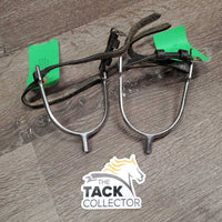 Pr POW Spurs, Thick Narrow Leather Spur Straps *vgc, clean, mnr scratches, straps: stiff, mnr dirt, scrapes, mismatchedcracks