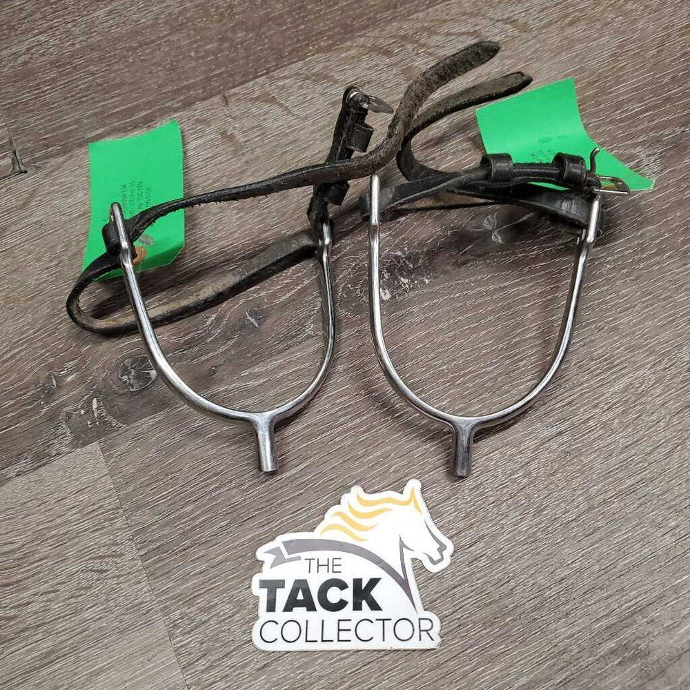 Pr POW Spurs, Thick Narrow Leather Spur Straps *vgc, clean, mnr scratches, straps: stiff, mnr dirt, scrapes, mismatchedcracks