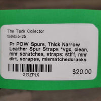 Pr POW Spurs, Thick Narrow Leather Spur Straps *vgc, clean, mnr scratches, straps: stiff, mnr dirt, scrapes, mismatchedcracks
