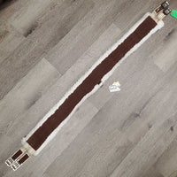 Nylon Web Fleece Lined Girth, 2x els, D Ring *gc, clean, hairy, clumpy, curled edges, popped & stretched elastics, thin & holey corners