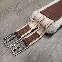 Nylon Web Fleece Lined Girth, 2x els, D Ring *gc, clean, hairy, clumpy, curled edges, popped & stretched elastics, thin & holey corners