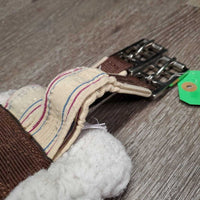 Nylon Web Fleece Lined Girth, 2x els, D Ring *gc, clean, hairy, clumpy, curled edges, popped & stretched elastics, thin & holey corners